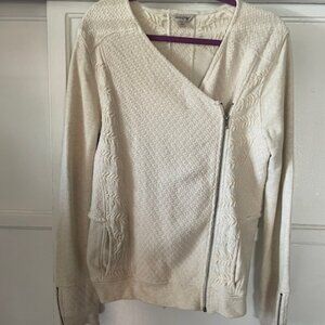 Lucky Brand Zip Up Sweater Women's Large Fringe Embroidery Ivory Textured